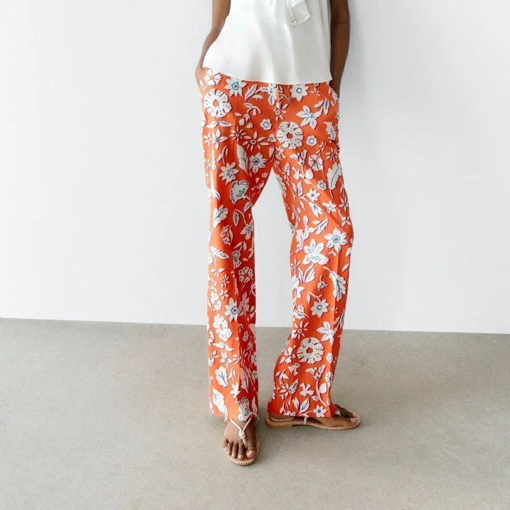ZARA LINEN BLEND FLORAL PANTS NEW